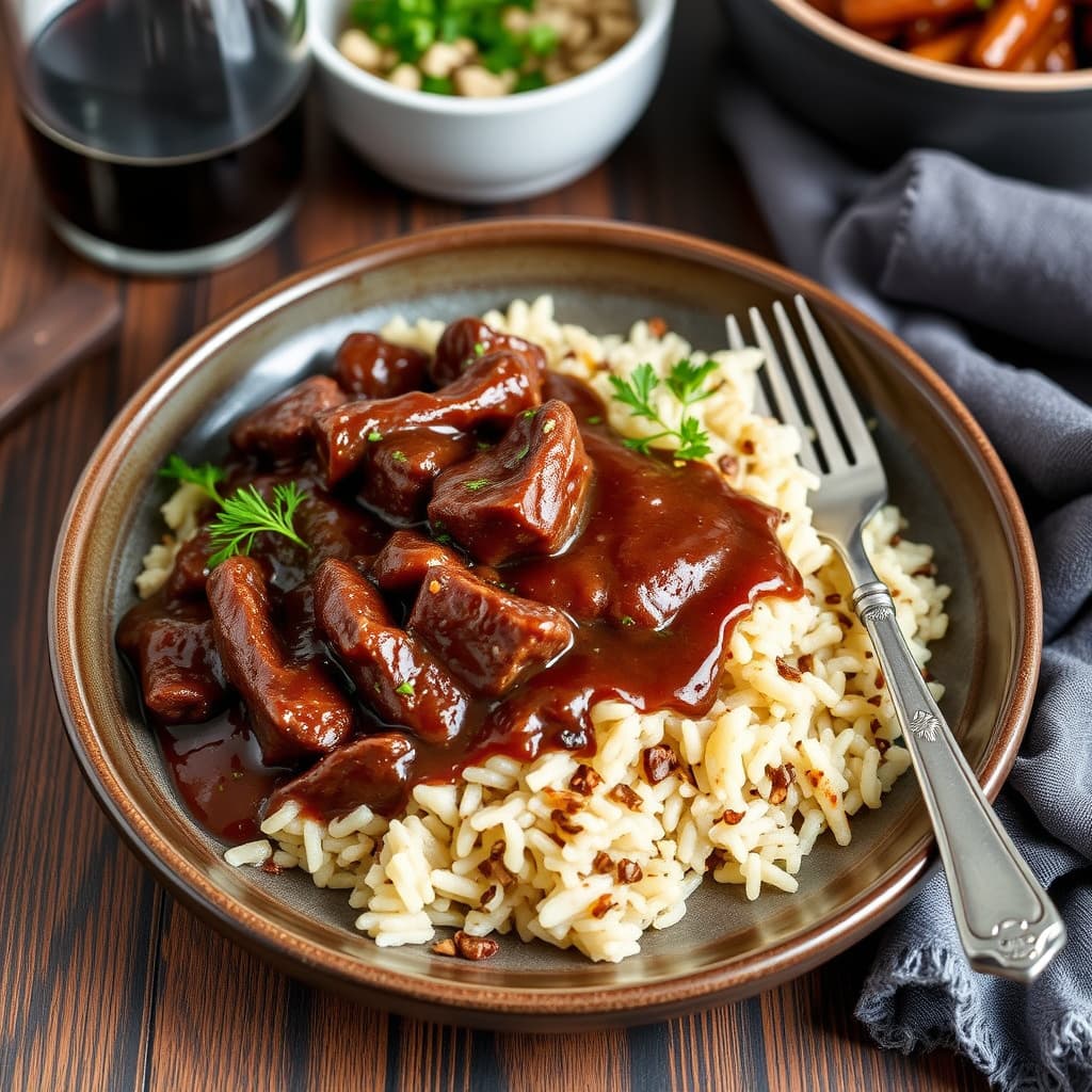 Biffstips og merlot-saus med biff- og løkrisotto