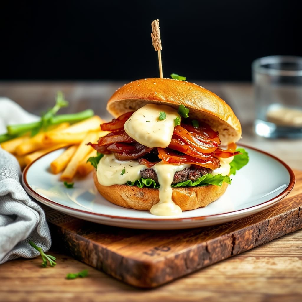 Bisonburger med hvitløksmajones og karamelliserte løk