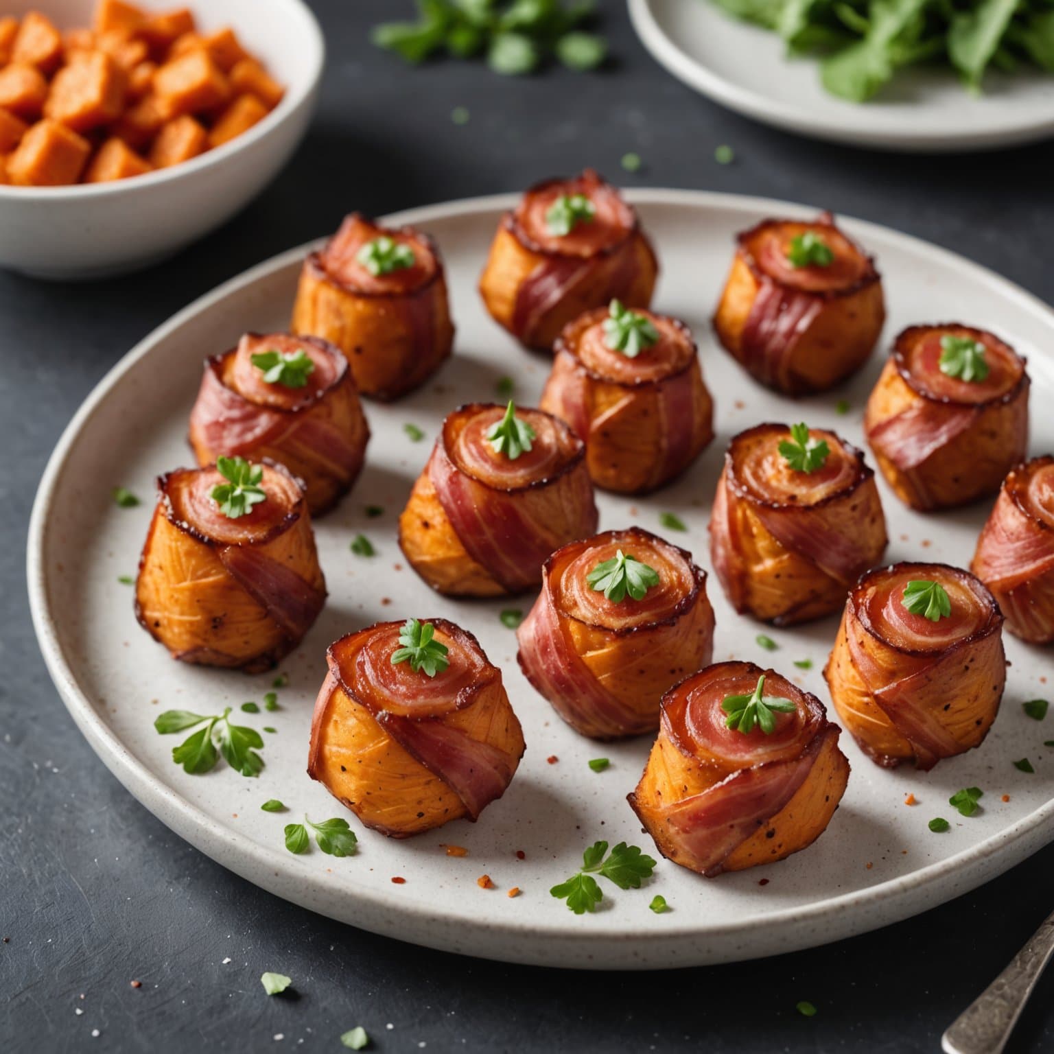 Biter av søtpotet innpakket i bacon