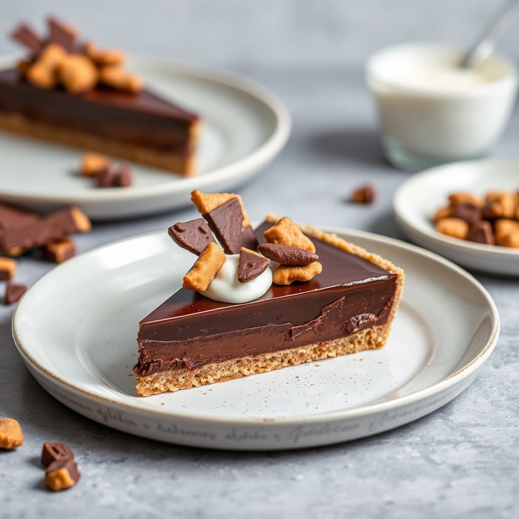 Bitter-søt sjokolade- og karobganache-tarte med maltet karamellbrittle
