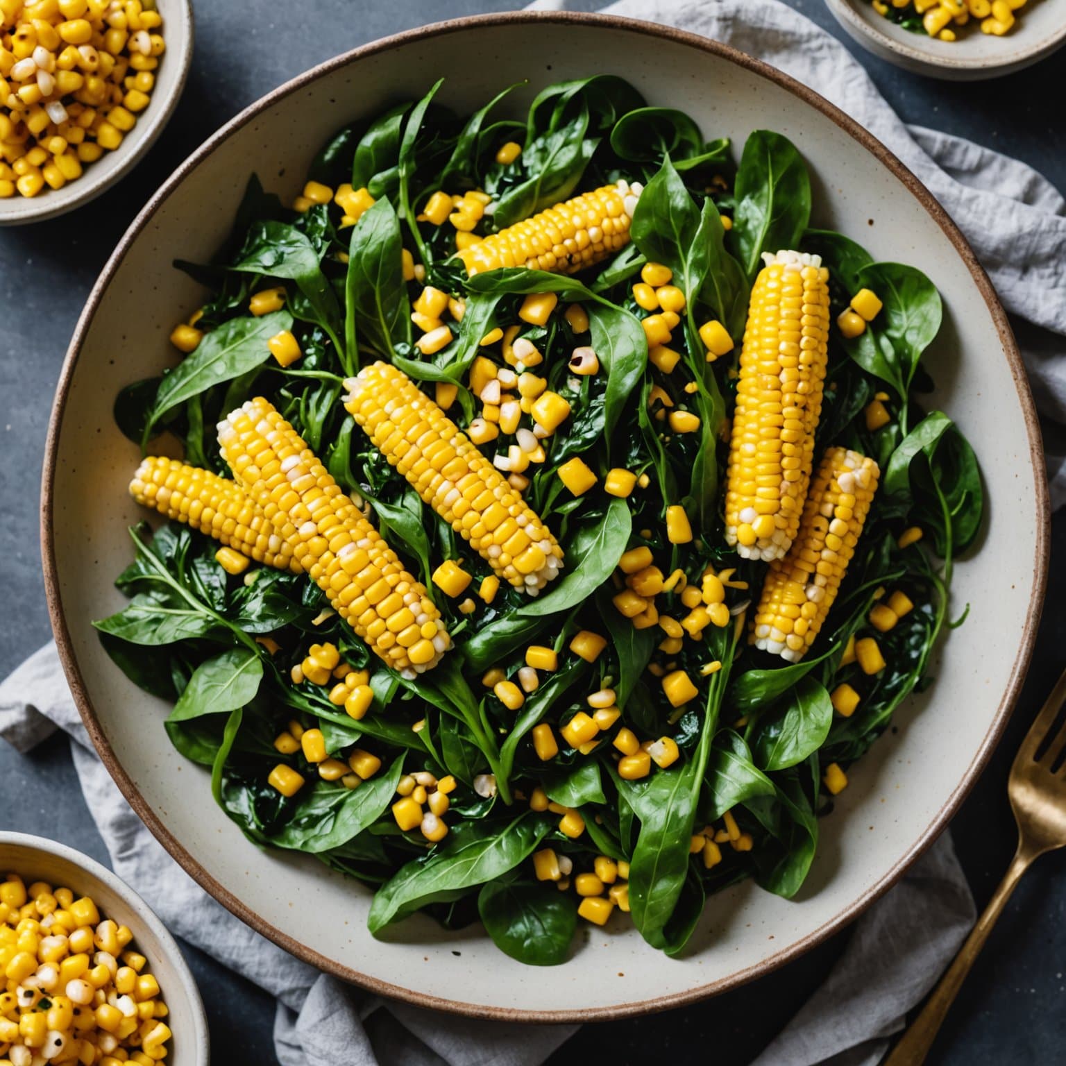 Bittere grønne grønnsaker med sautert mais og sjalottløk