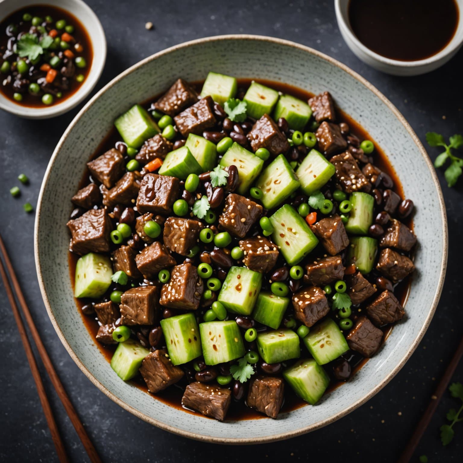 Bittermelon og svartbønnesaus med okse