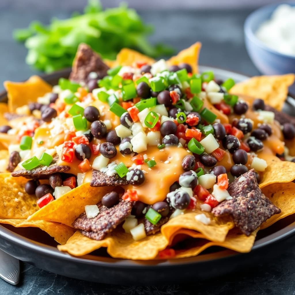 Blå maischips nachos med Pepper Jack-ost.