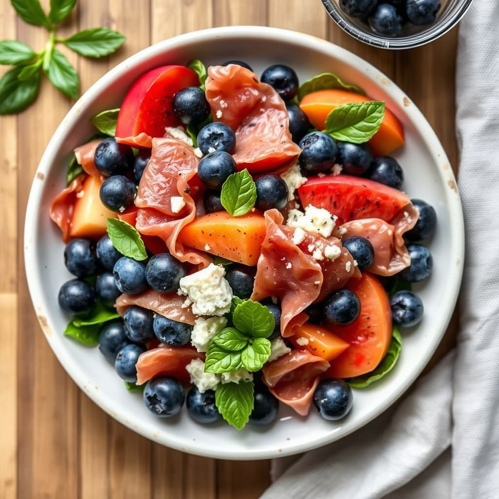 Blåbærsalat med prosciutto og melon