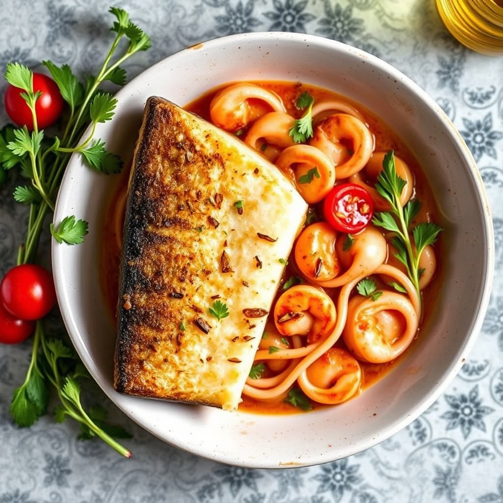 Black Bass og Gamberi Cacciucco