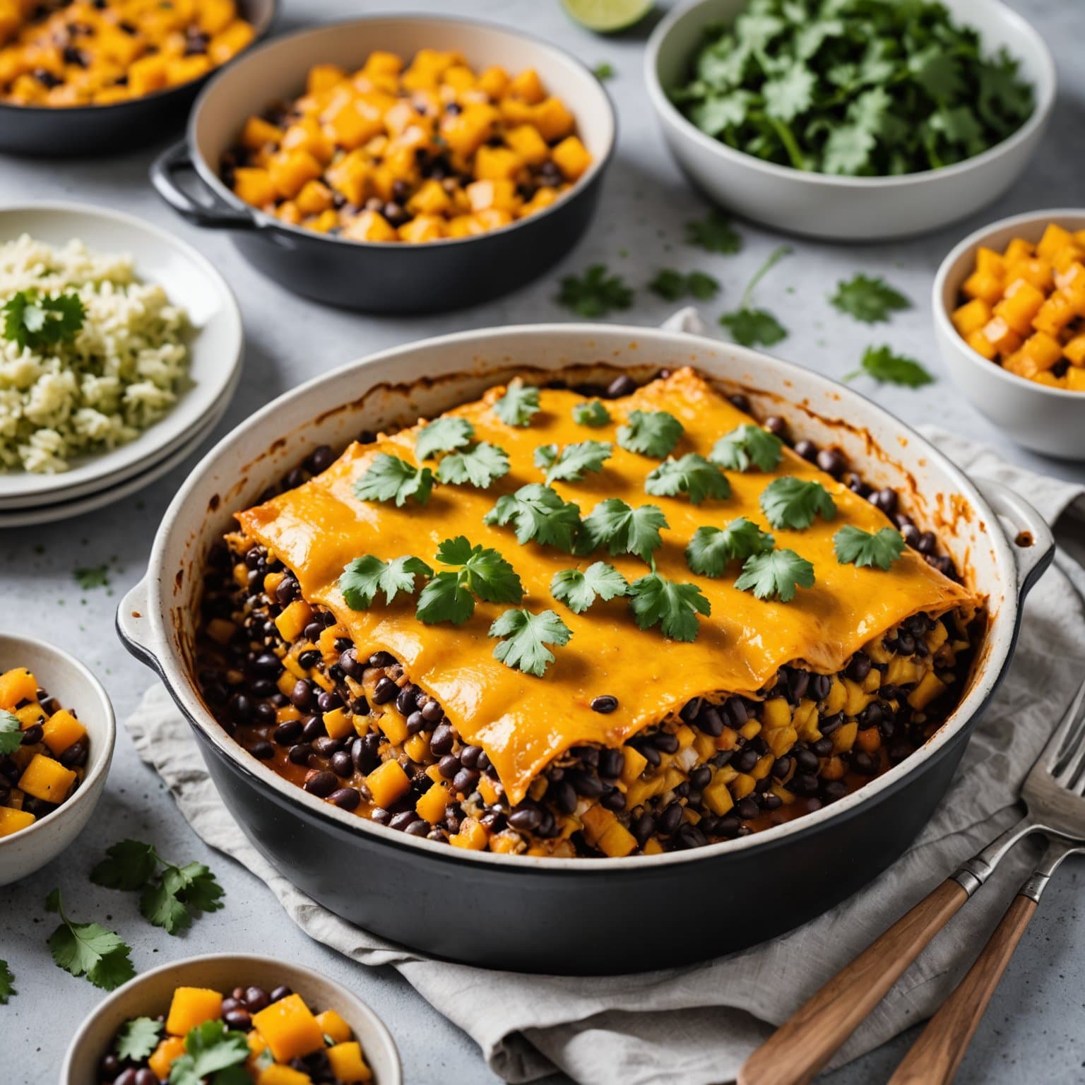 Black Bean- og butternut squash-enchilada-grateng