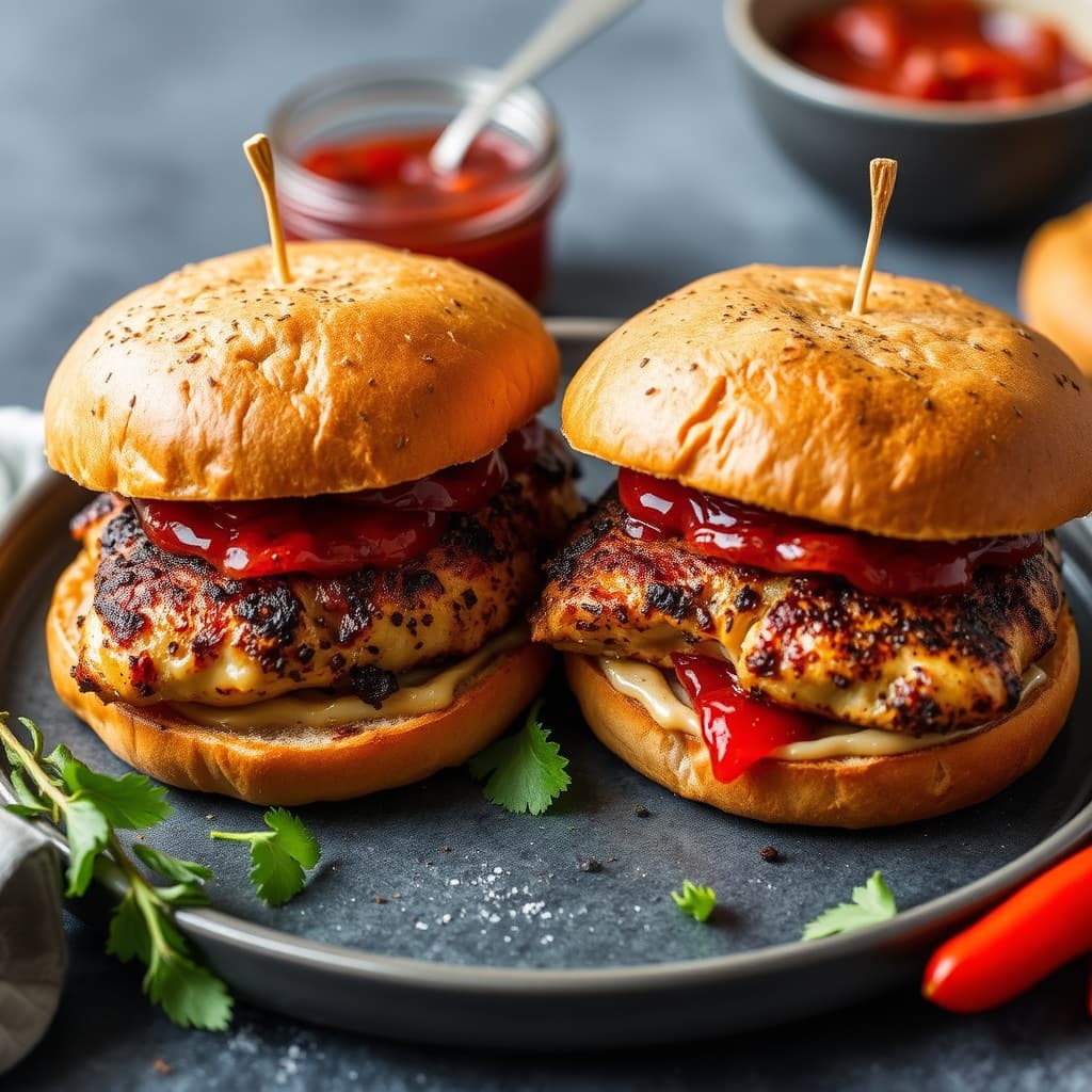 Blackened kyllingsandwich med mandelsmør og rød peppersyltetøy
