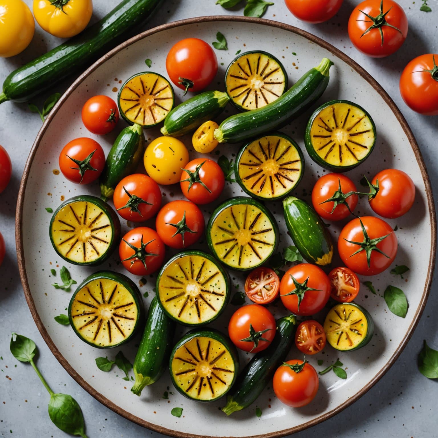 Blæret baby-zucchini, baby-pattypan squash og grillede tomater