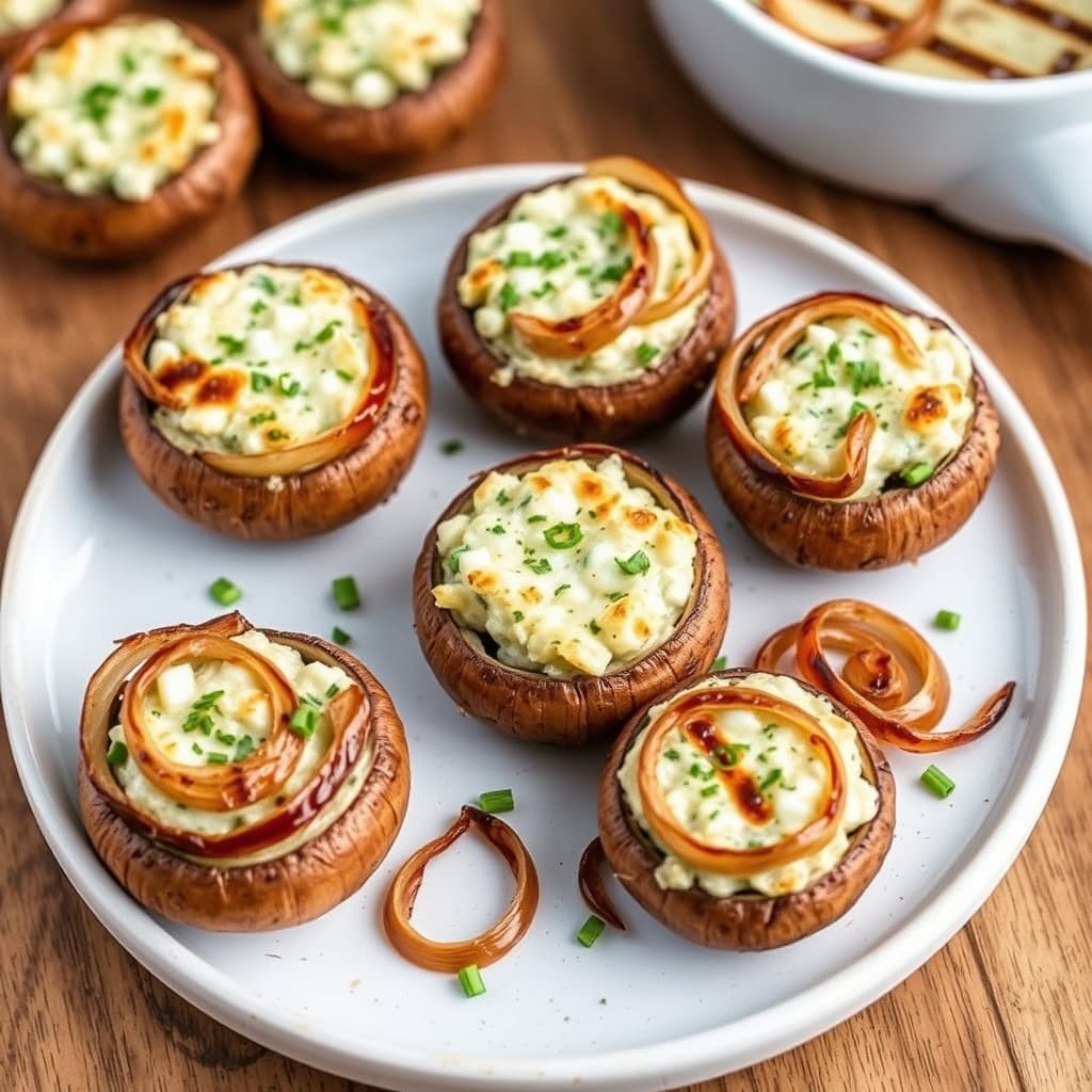 Blåmuggostfylte sopp med grillede løk