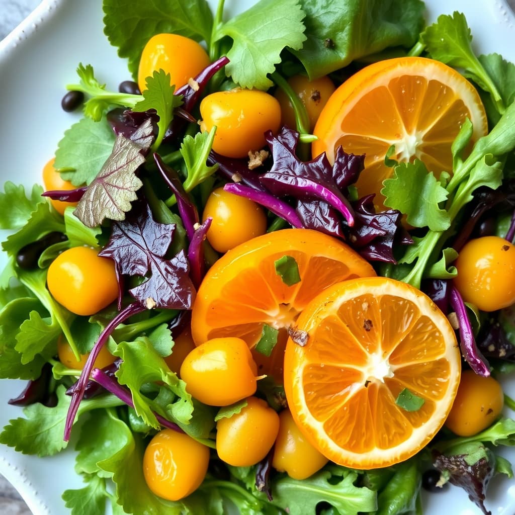 Blandet bitre grønnsaker og kumquat-salat med ansjovisseddik vinaigrette