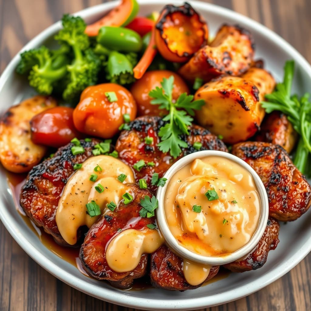 Blandet grill med søt og krydret bourbon-saus