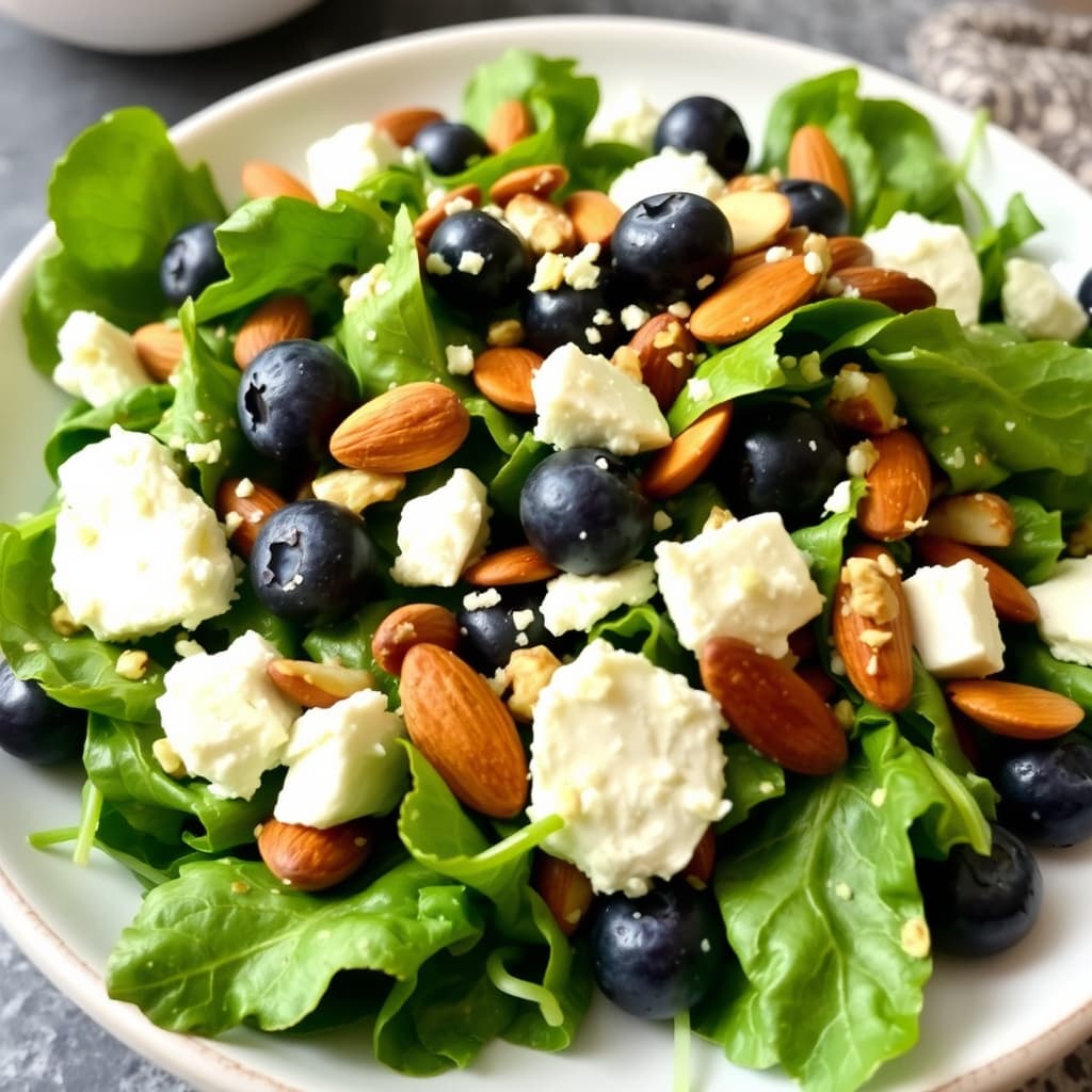 Blandet grønt med fetaost, mandler og blåbær