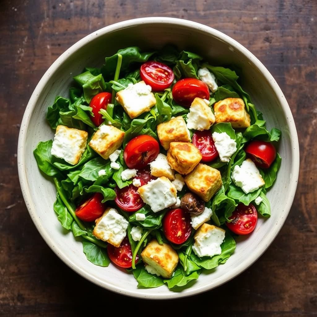 Blandet grønt med ovnsbakte cherrytomater og stekte geitostcroutoner
