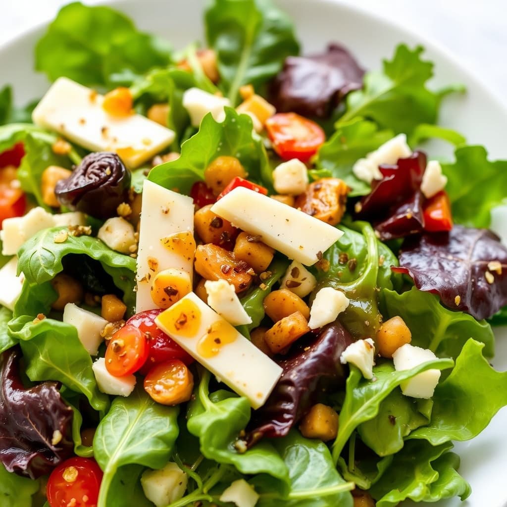 Blandet grønt med skivet Manchego og vinelskende vinaigrette