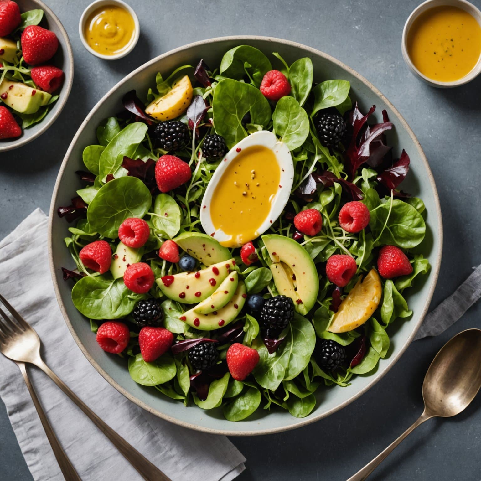 Blandet grønt og frukt med sennepsdressing