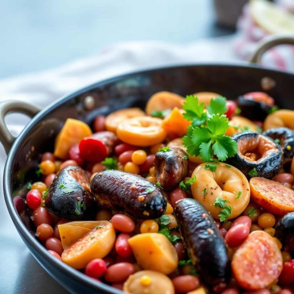 Blandet sjømatpaella med pølse og rosa bønner