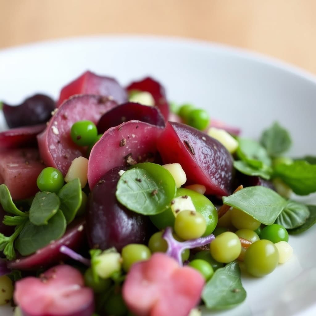 Blanding av erter og ting (lilla potet, sukkererter og myntesalat)