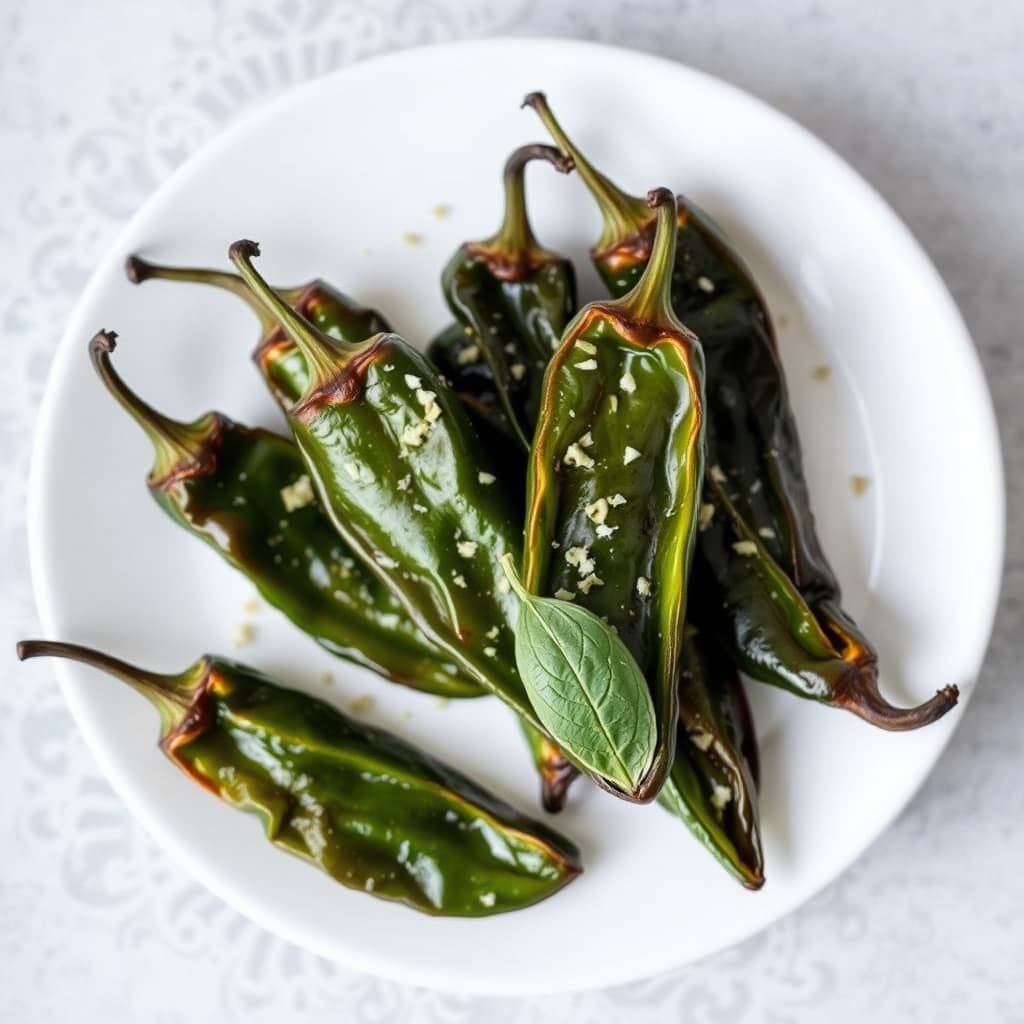 Blisterte shishito-pepper med oliven- og basilikumsalt