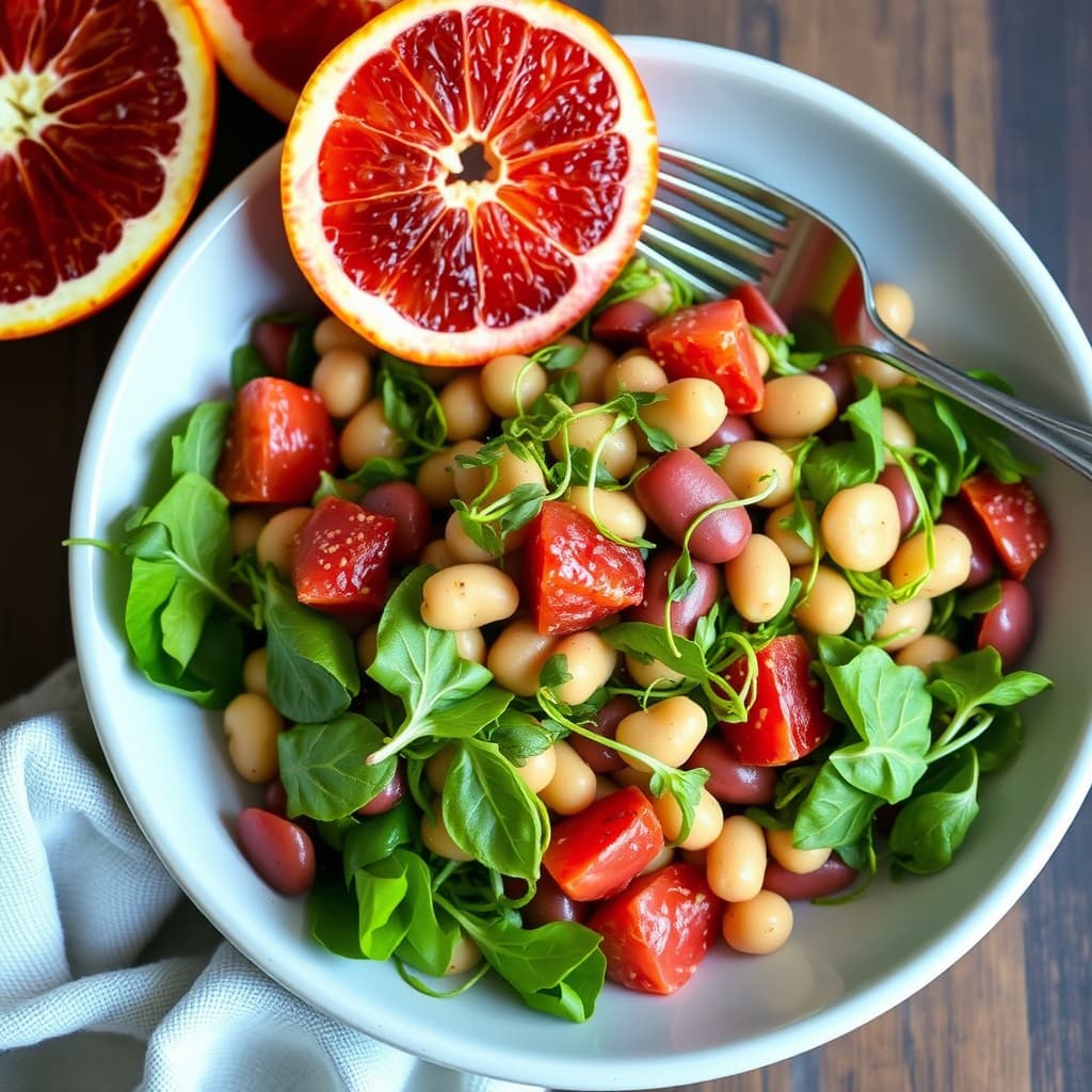 Blodappelsin- og bønnesalat med spirer