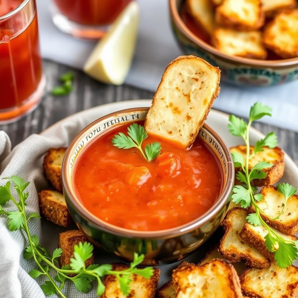 Blodig Mary-suppe med pumpernickel-grillet ost-croutoner