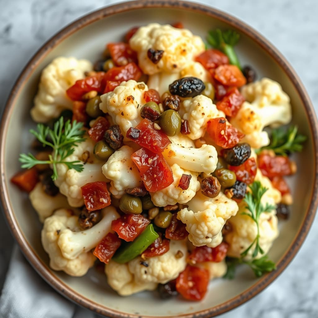 Blomkål med bacon, kapers, paprika og rosiner