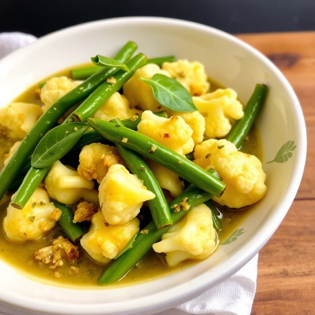 Blomkål og asiatiske lange bønner i grønn karri med kaffirlimeblader