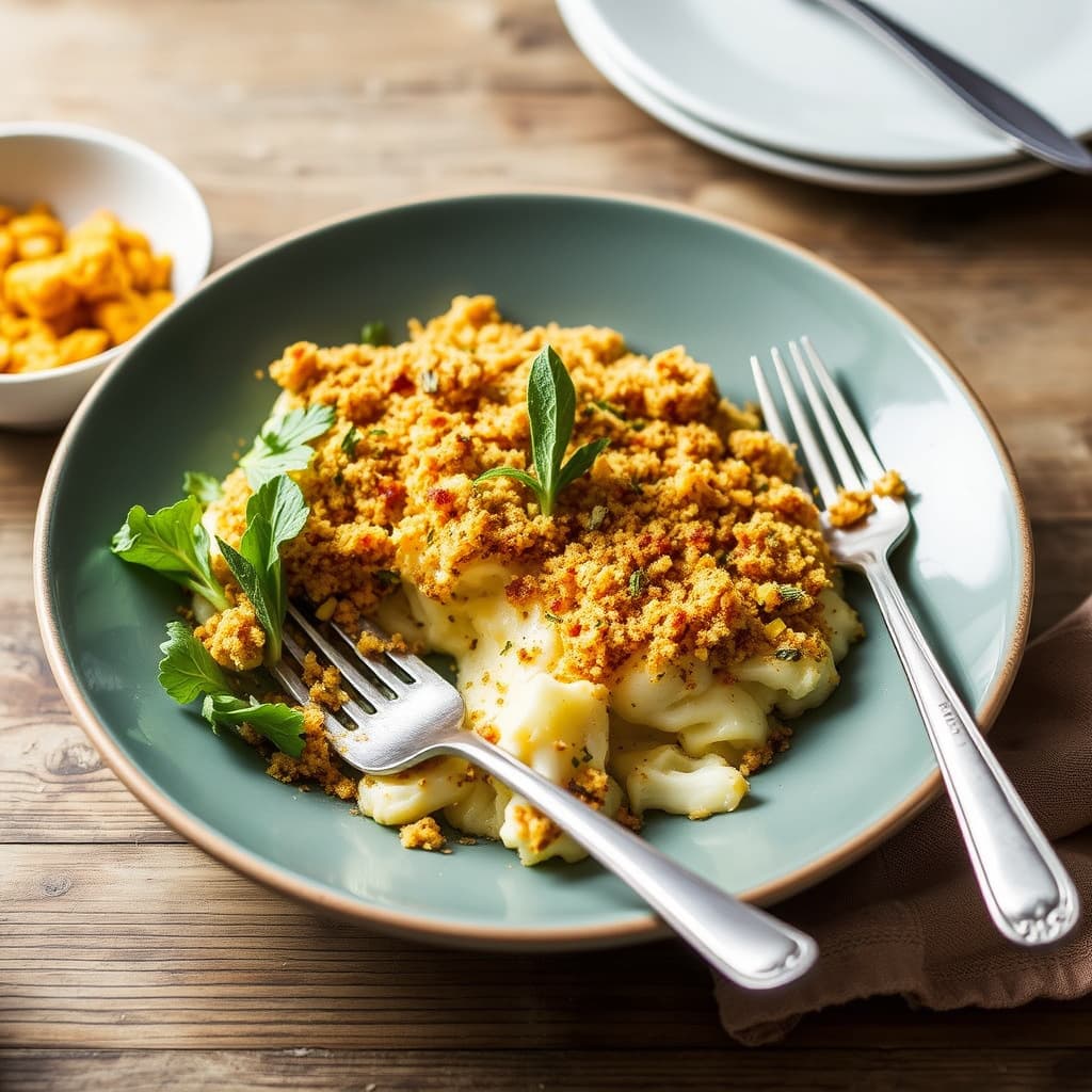 Blomkålgrateng med sennep-salvie-kornbrødsmuler
