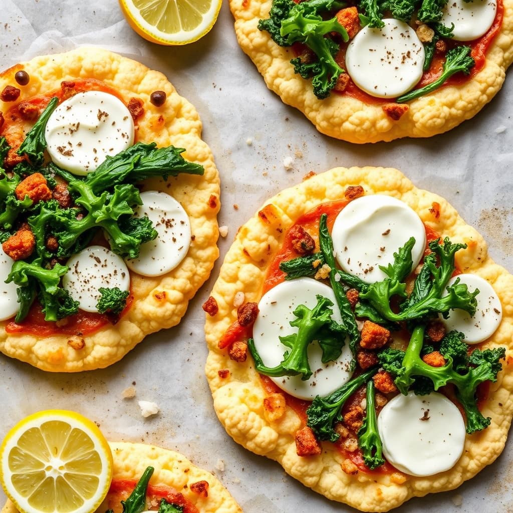 Blomkålspizza med mozzarella, grønnkål og sitron