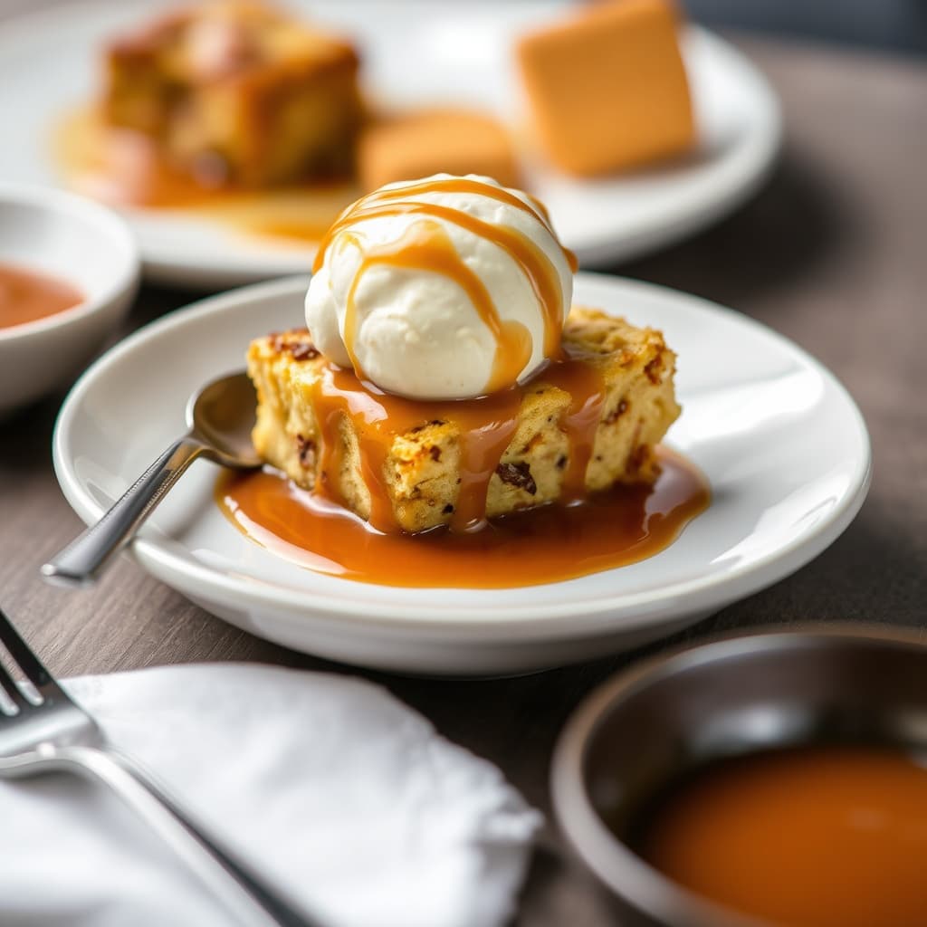 Bluewater brødpudding med karamellsaus