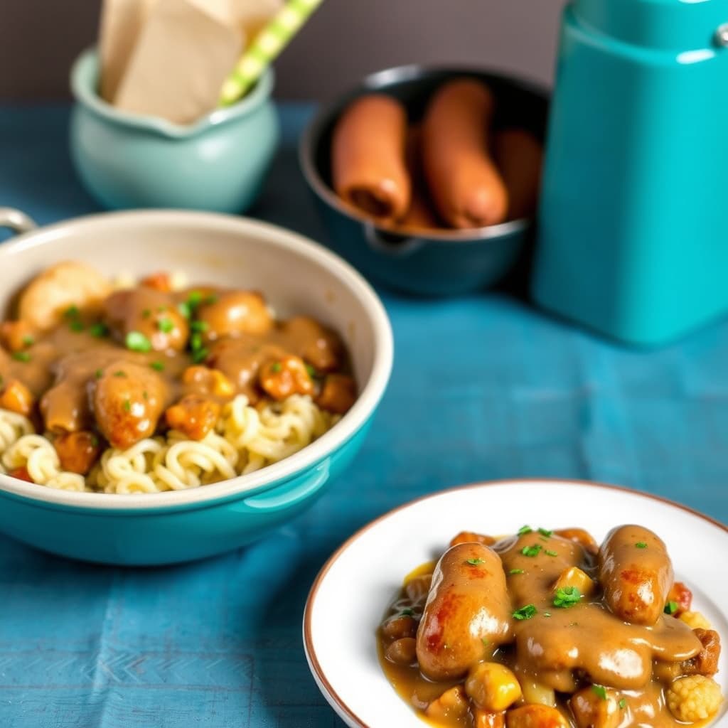 Bobler og fres med pølser og løksaus