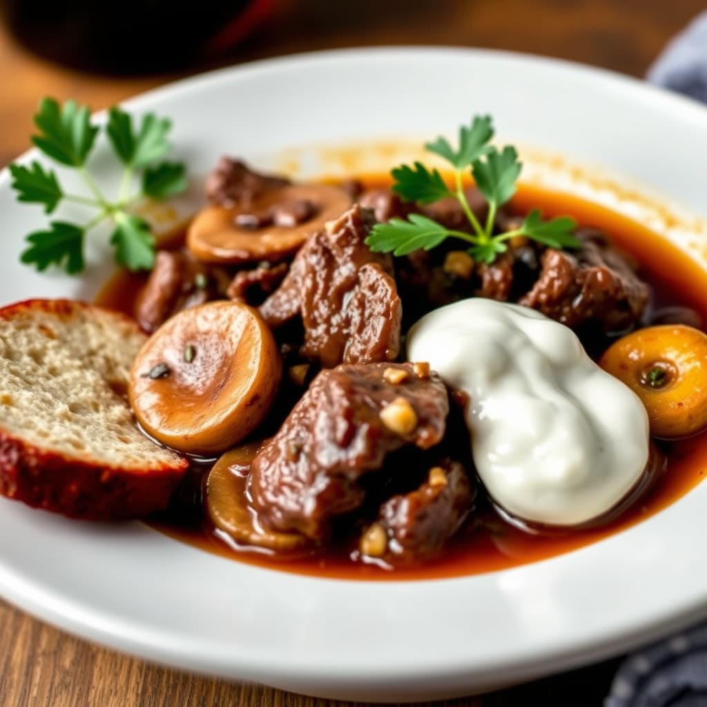 Boeuf bourguignon med rødvin, sopp og pepperrotkrem