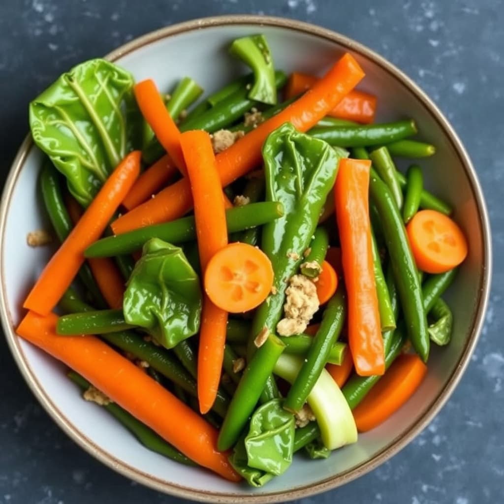 Bok choy, gulrøtter og grønne bønner