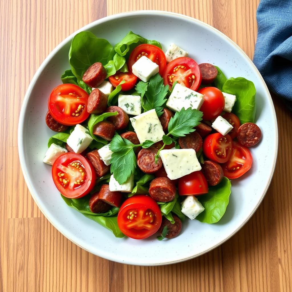 Bolosalat med chorizo, Cabrales blåmuggost og tomater