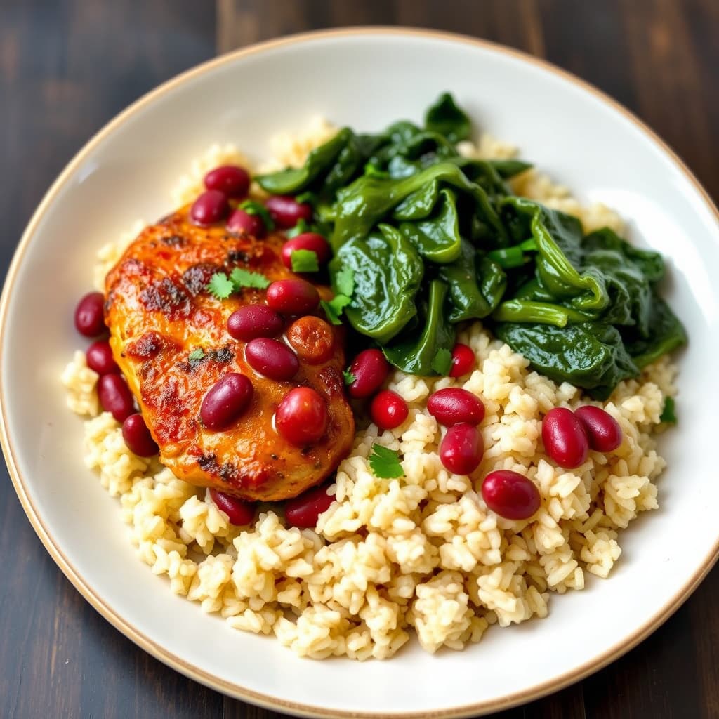 Bombesunn kylling med røde bønner og ris, samt collard greens
