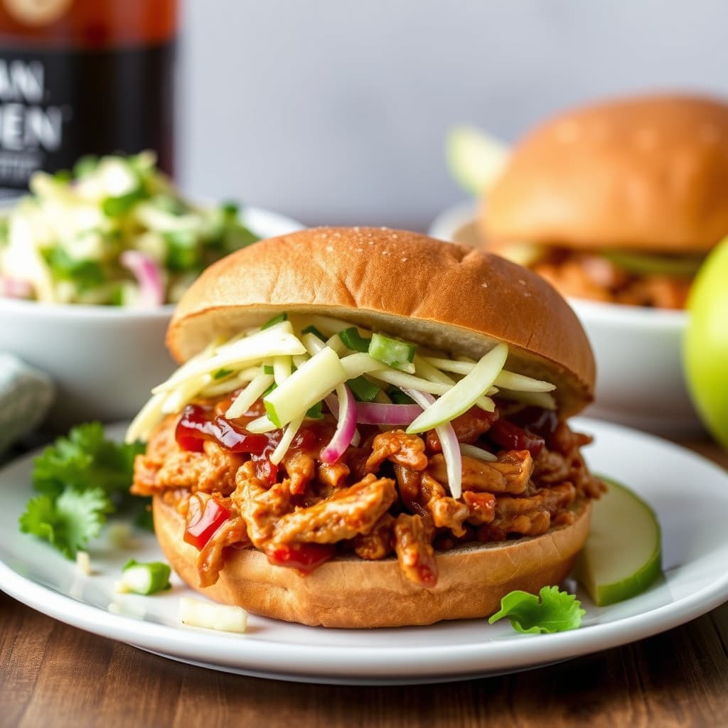 Bourbon BBQ-kyllingsandwich med pulled chicken og grønn epleslaw
