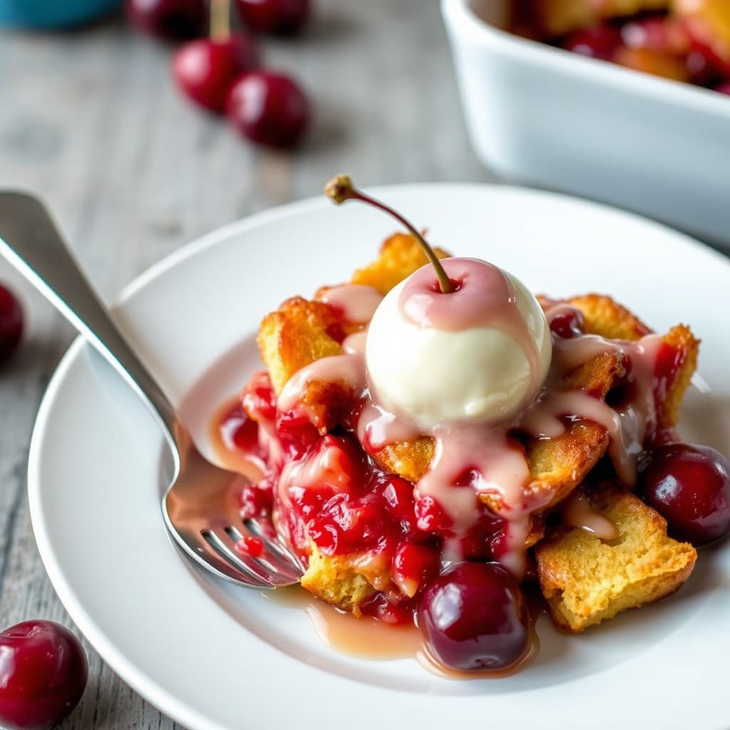 Bourbon-innsaltet kirsebærbrødpudding med vaniljeglasur