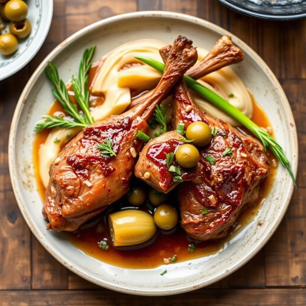 Braisede andelår med purre og grønne oliven