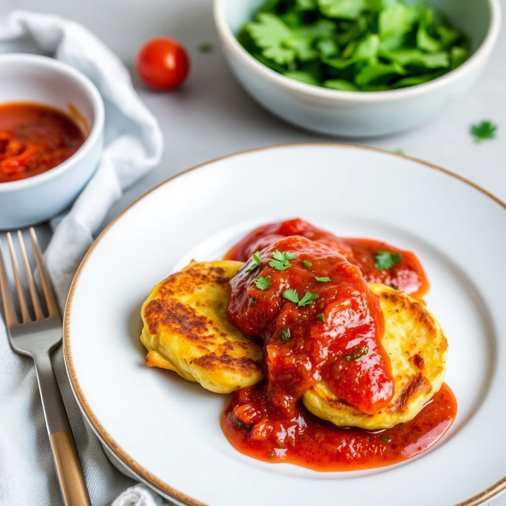 Brandade-fritters med ovnsbakte tomater og piquillo-peppersaus