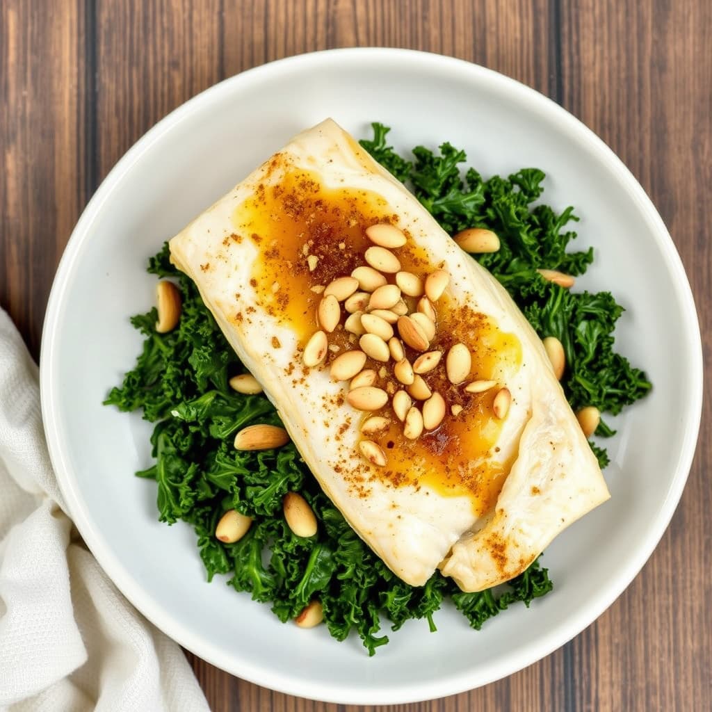 Branzino med brunt smør og mandler på en seng av sprøkål