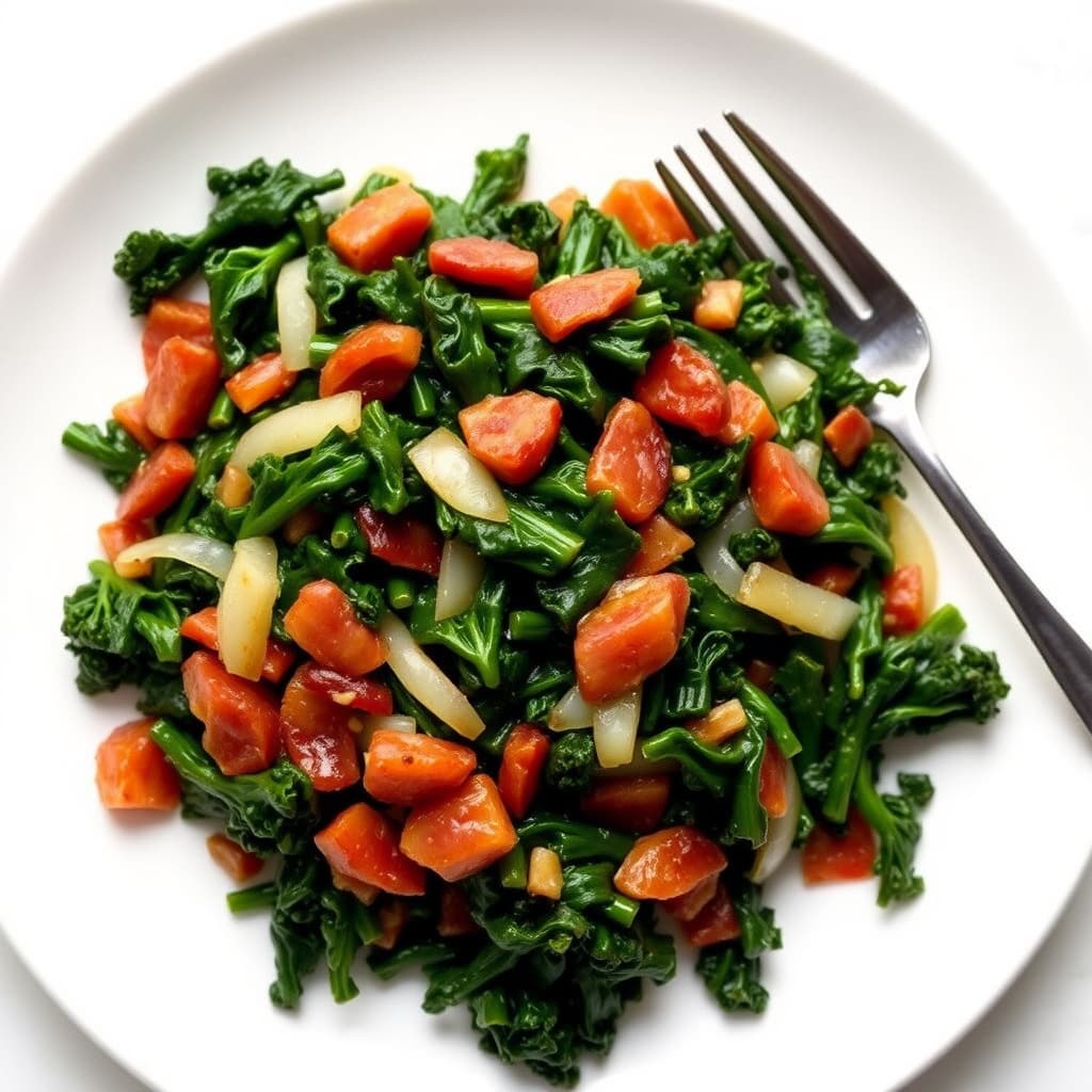 Brased grønnkål med bacon og løk