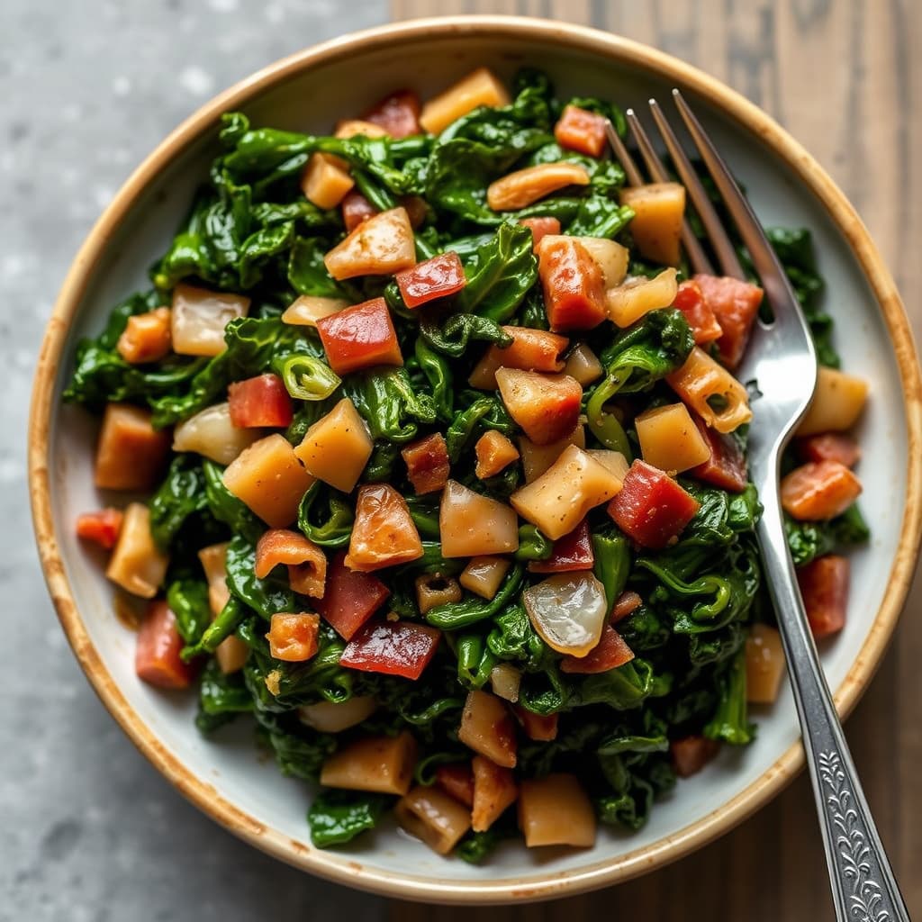 Brased toskansk grønnkål med pancetta og karamelliserte løk