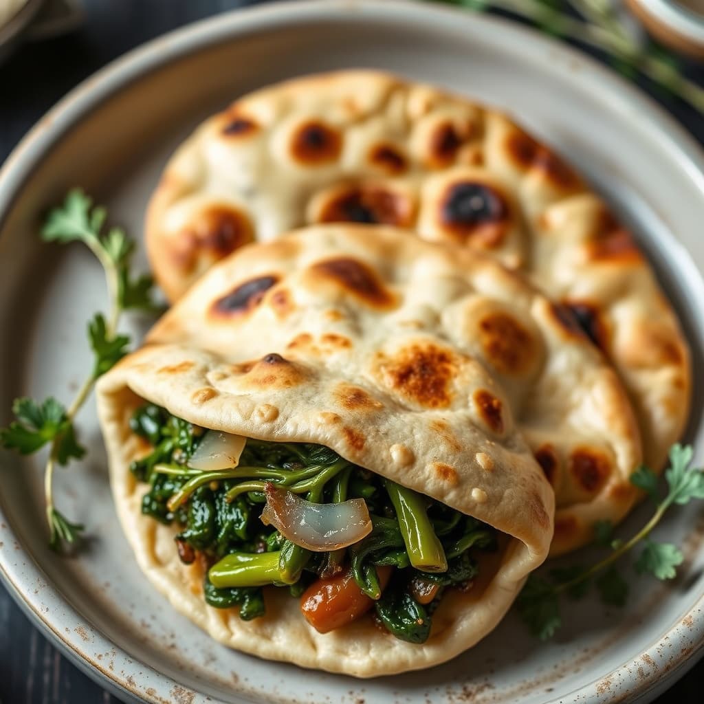 Brased ville grønnsaker og søt løk i pita (Hortopita)