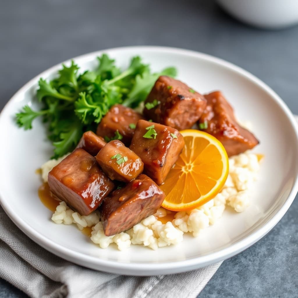 Brasede biffkubber med appelsin