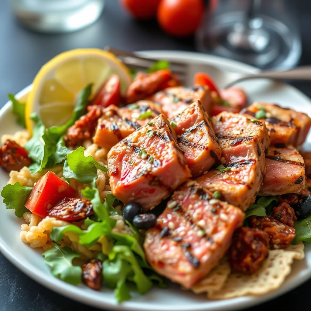 Brennt Ahi- tunfisk med soltørket tomattapenade og farrotto-salat