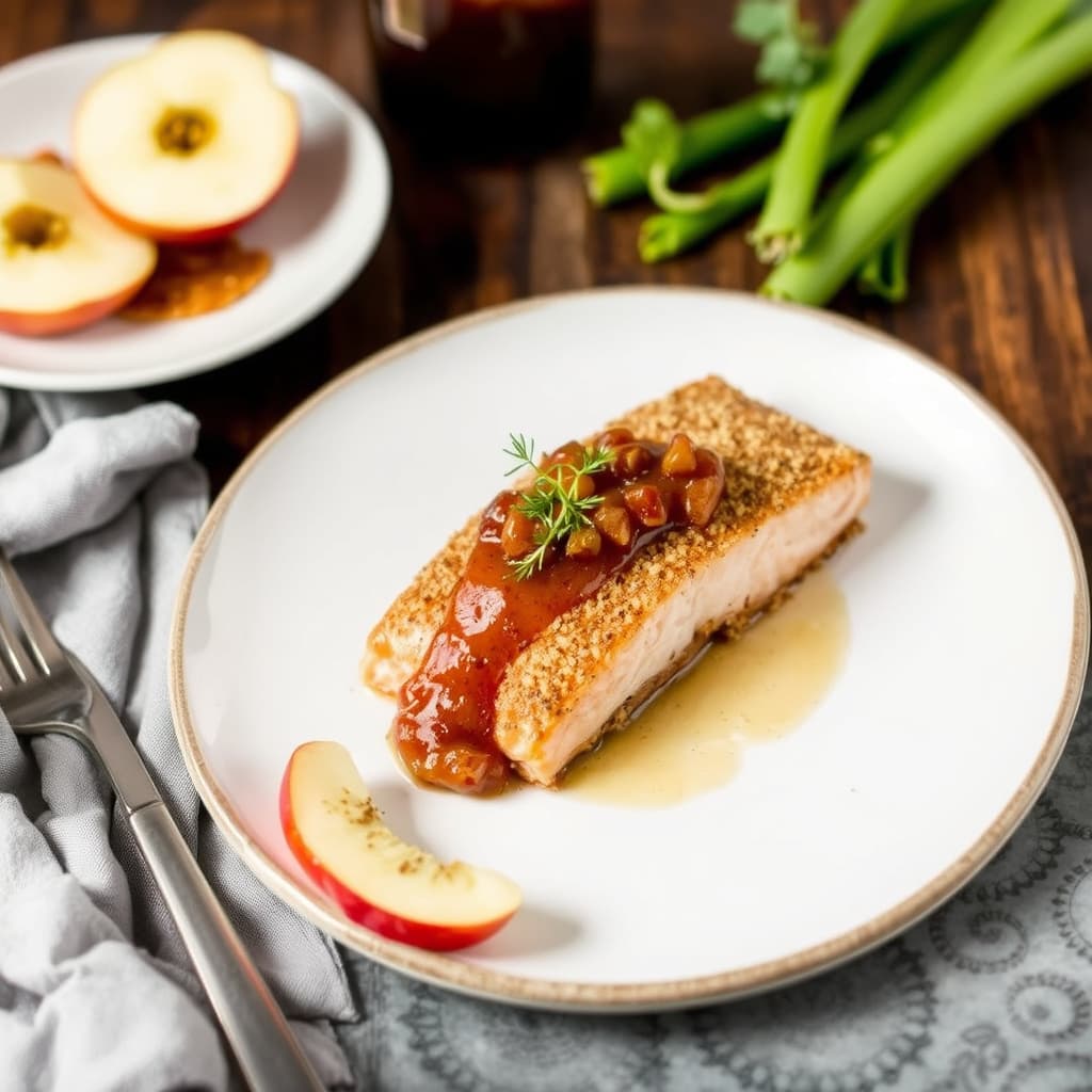 Brent kastanjepanert laks med ovnsbakt eplemarmelade