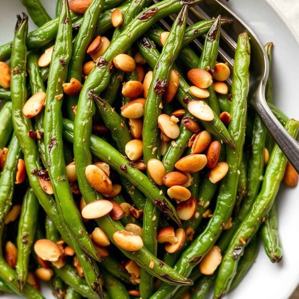 Brente grønne bønner med harissa og mandler
