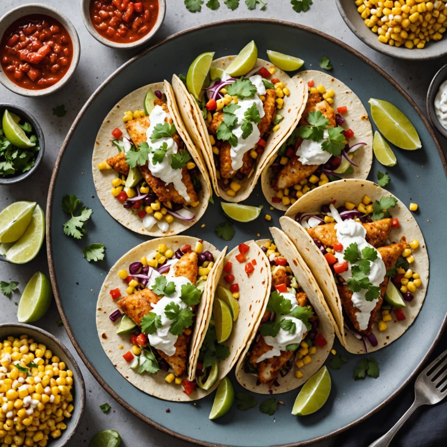 Brettpanne-knekkende fisketacos med chili-ristet mais