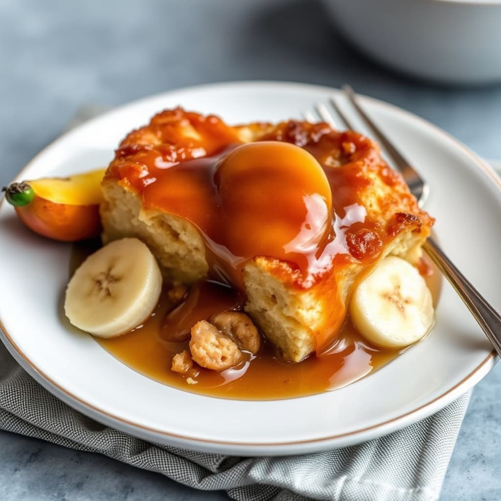 Brødpudding med varm banan- og lønnesirupsaus