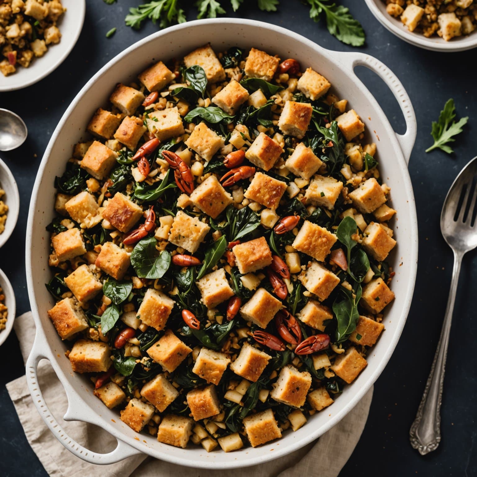 Brødstuffing med kreps, bacon og collardkål