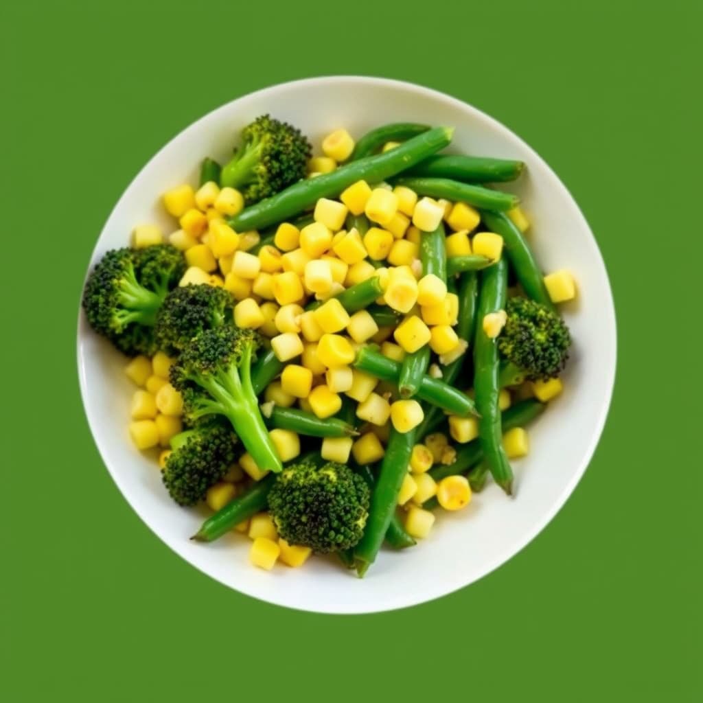 Brokkoli-, mais- og grønne bønnerett i panne